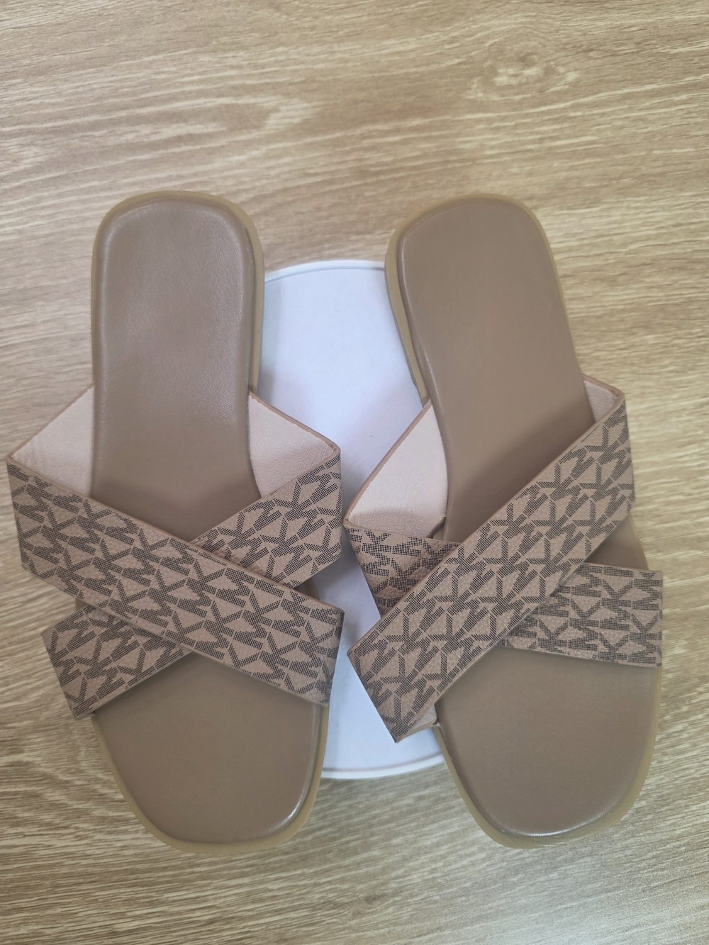 Women's Tan Cross Band Slide Sandals